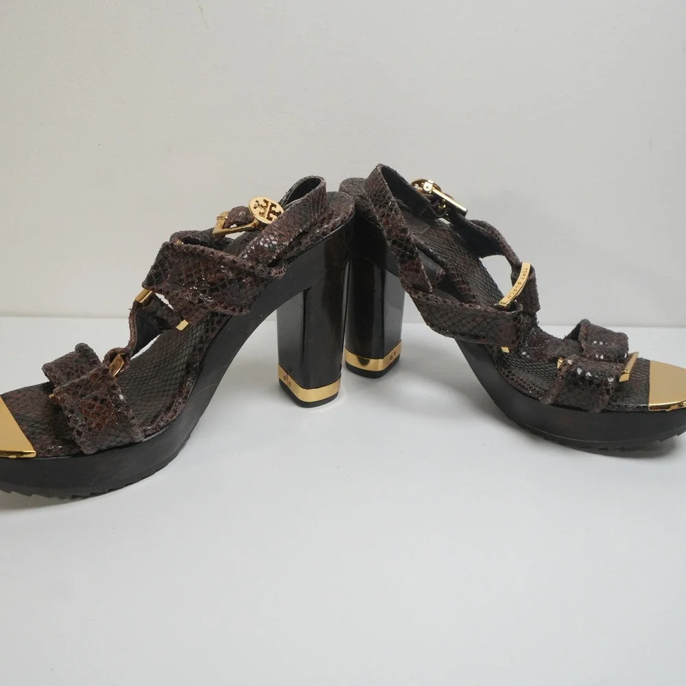 Tory Burch Karmen Platform Sandals 7M Brown Snakeskin Wood‎ Block Heel Gold
